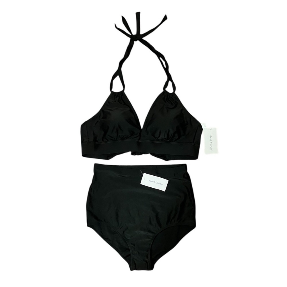 Meet.Curve‎ Swimsuit 2 Piece XL High Waist Bottom Halter Top NWT Black